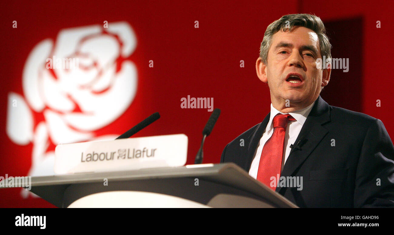 Prime Minister Gordon Brown addresses the Welsh Labour Conference 2008 at Venue Cymru, Llandudno. Stock Photo