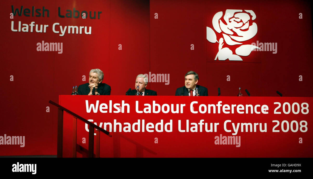 Welsh First minister Rhodri Morgan (left), Welsh Secretary Paul Murphy and Prime Minister Gordon Brown (right) listen to a speaker at the Welsh Labour Conference 2008 at Venue Cymru, Llandudno. Stock Photo