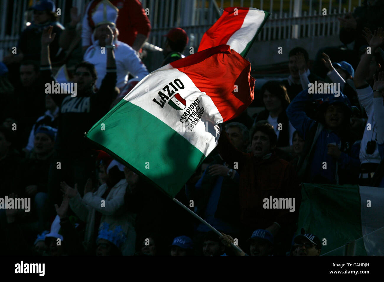 Rugby Union - RBS 6 Nations Championship 2008 - Italy v England - Stadio Flaminio. Italy fans wave a Lazio flag in the stands. Stock Photo