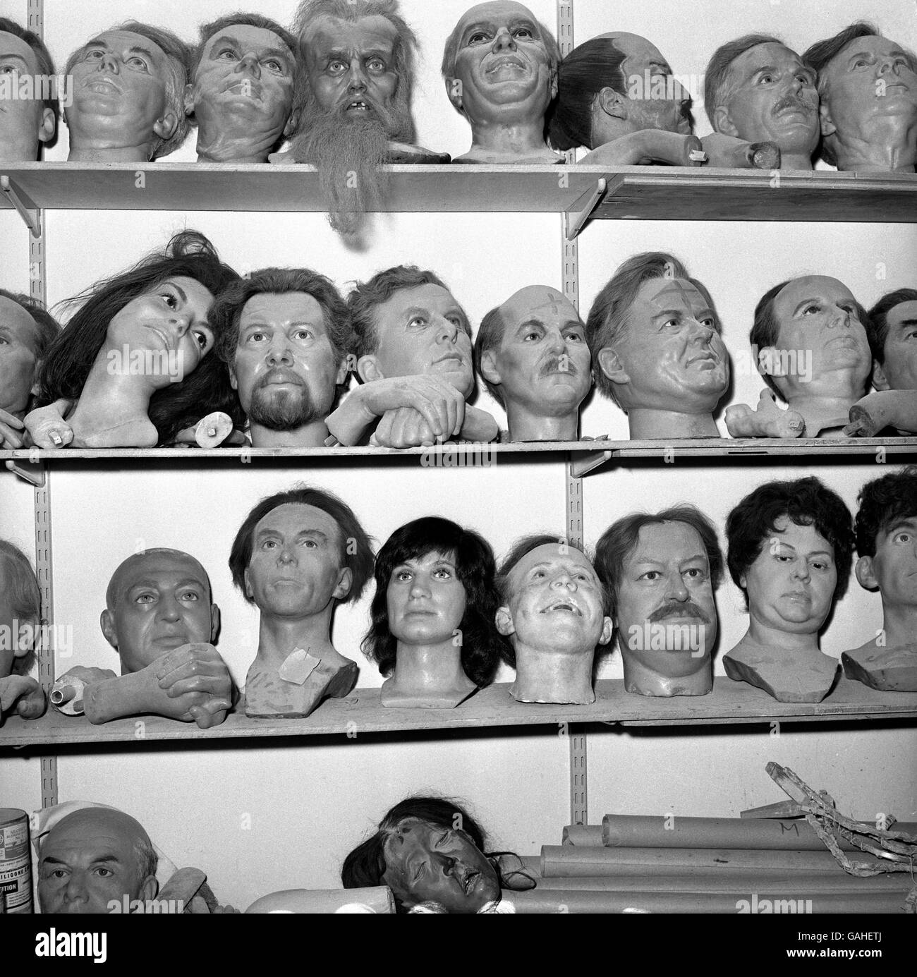 The wax head of Manchester United's George Best (bottom row, third l) is back on the shelf, joining his former teammate Nobby Stiles (bottom row, third r) amongst other notables, after his effigy was removed from the exhibition Stock Photo
