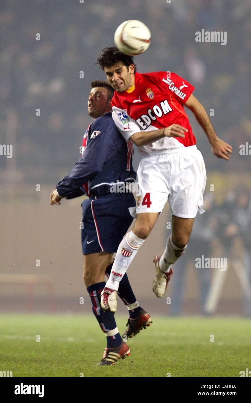 Monaco's Rafael Marquez (r) and Paris Saint Germain's Fabrice Fiorese (l) battle for the ball. Stock Photo