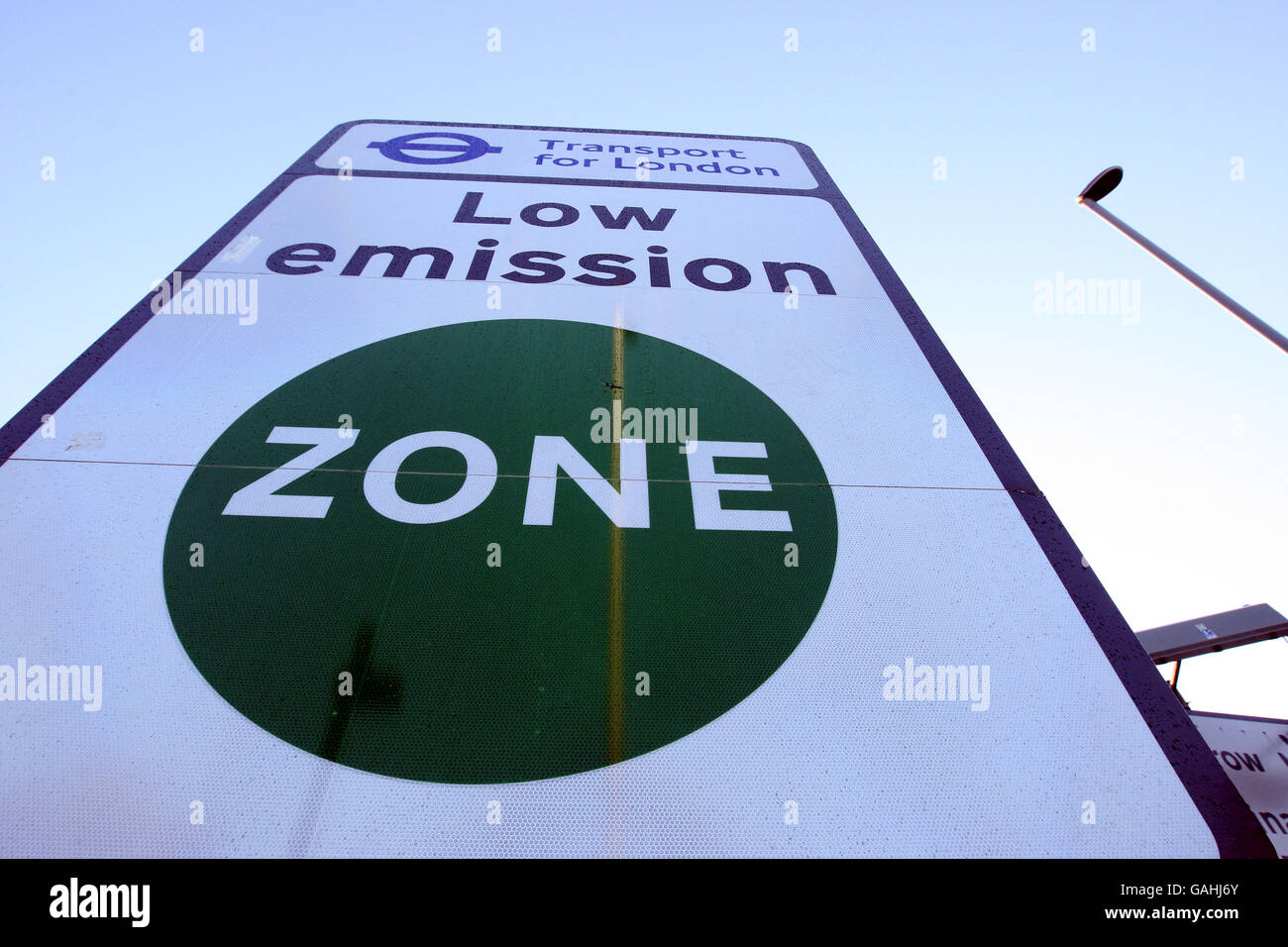 A general view of the signs for the start of the new Low Emission Zone at the Heston Roundabout where the A312 meets the M4 roadways. Stock Photo