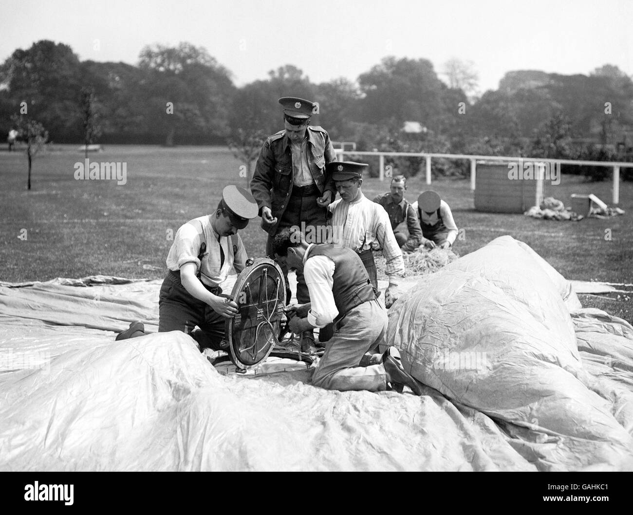 British Army soldiers preparing a Short Brothers hot air balloon for flight. Stock Photo