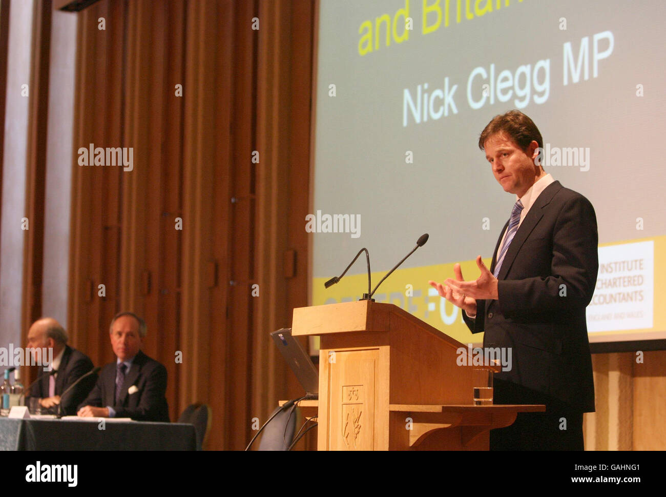 Liberal Democrat leader Nick Clegg delivers a speech on 'Liberal Economics and Britain's Future' in association with CentreForum and the City of London at Chartered Accountants' Hall in the City of London. Stock Photo