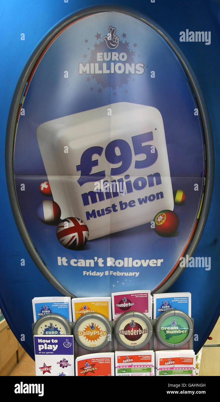 A board advertising this evening s EuroMillions lottery draw at a