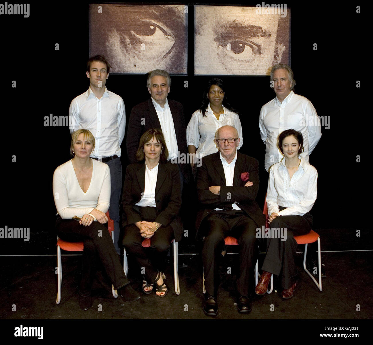 Actors (left-right, front row) Kim Cattrall, Diana Quick, Richard Wilson & Andrea Riseborough, (back row) Tobias Menzies, Henry Goodman, Jocelyn Jee Esien & Alan Rickman pose for the media after the Belarus Free Theatre Company production of 'Being Harold Pinter' at the Soho Theatre in central London. Stock Photo