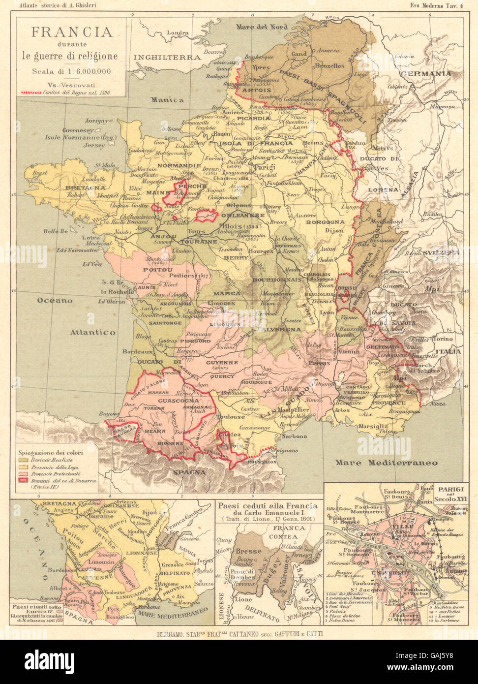 FRANCIA: guerra religione; Carlo Emanuele; Parigi(Paris)Secolo 16, 1889 map Stock Photo