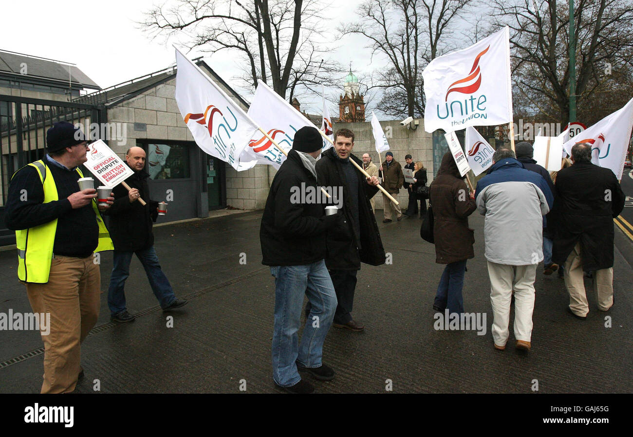 Members of the Unite union picketing the British Embassy in the