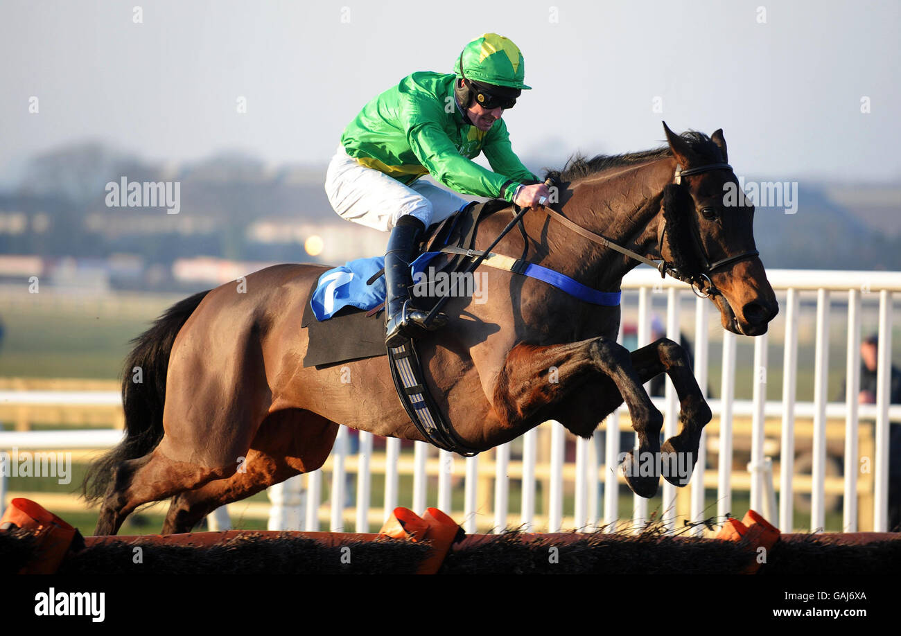 Overserved ridden by Richard McGrath clears the last to win The LV= Retirement Solutions Handicap Hurdle Race at Wetherby Racecourse. Stock Photo