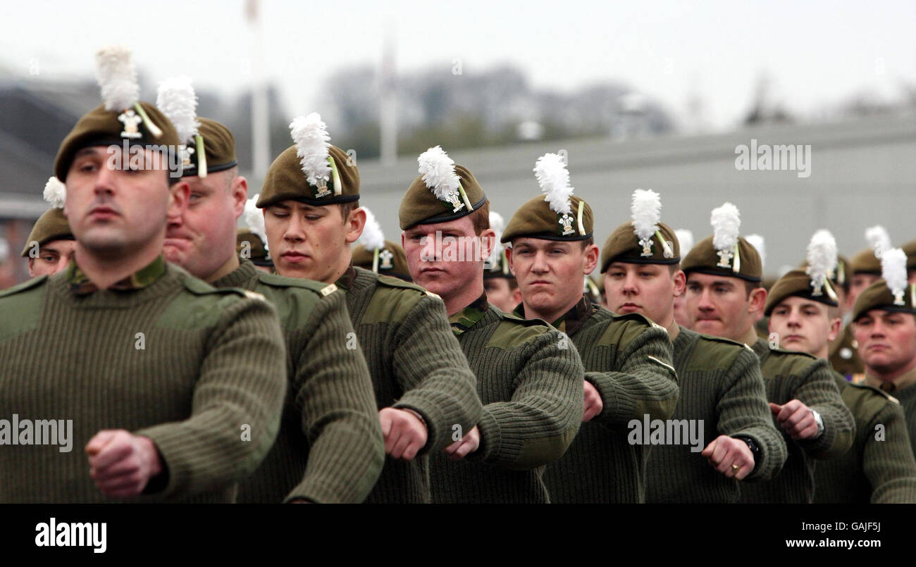 Soldiers from 2nd Battalion Royal Welsh celebrate St David's Day with parade at Lucknow Barracks, Tidworth Camp, Wilts, where miniature leeks was presented for each soldier to wear on their berets