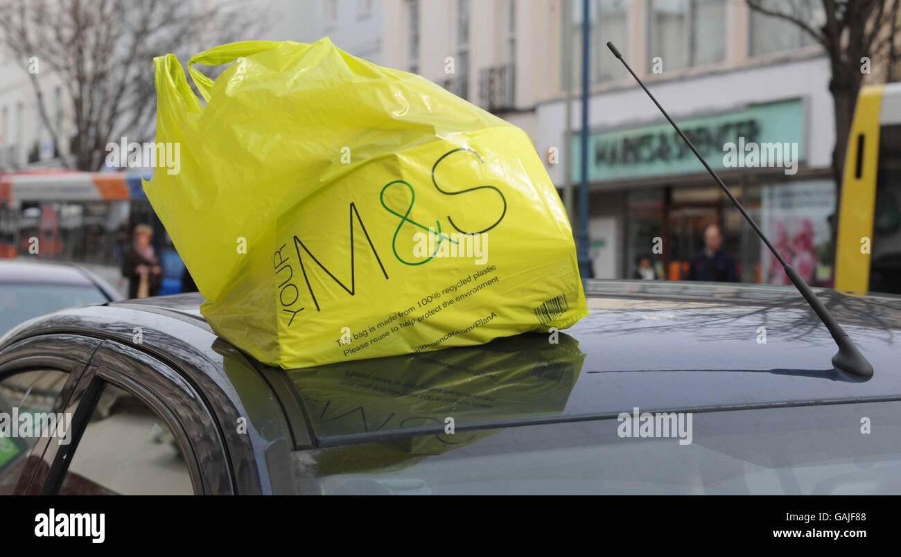 M&S to charge on plastic bags. Marks & Spencer shopping bags in Burton on Trent. Stock Photo