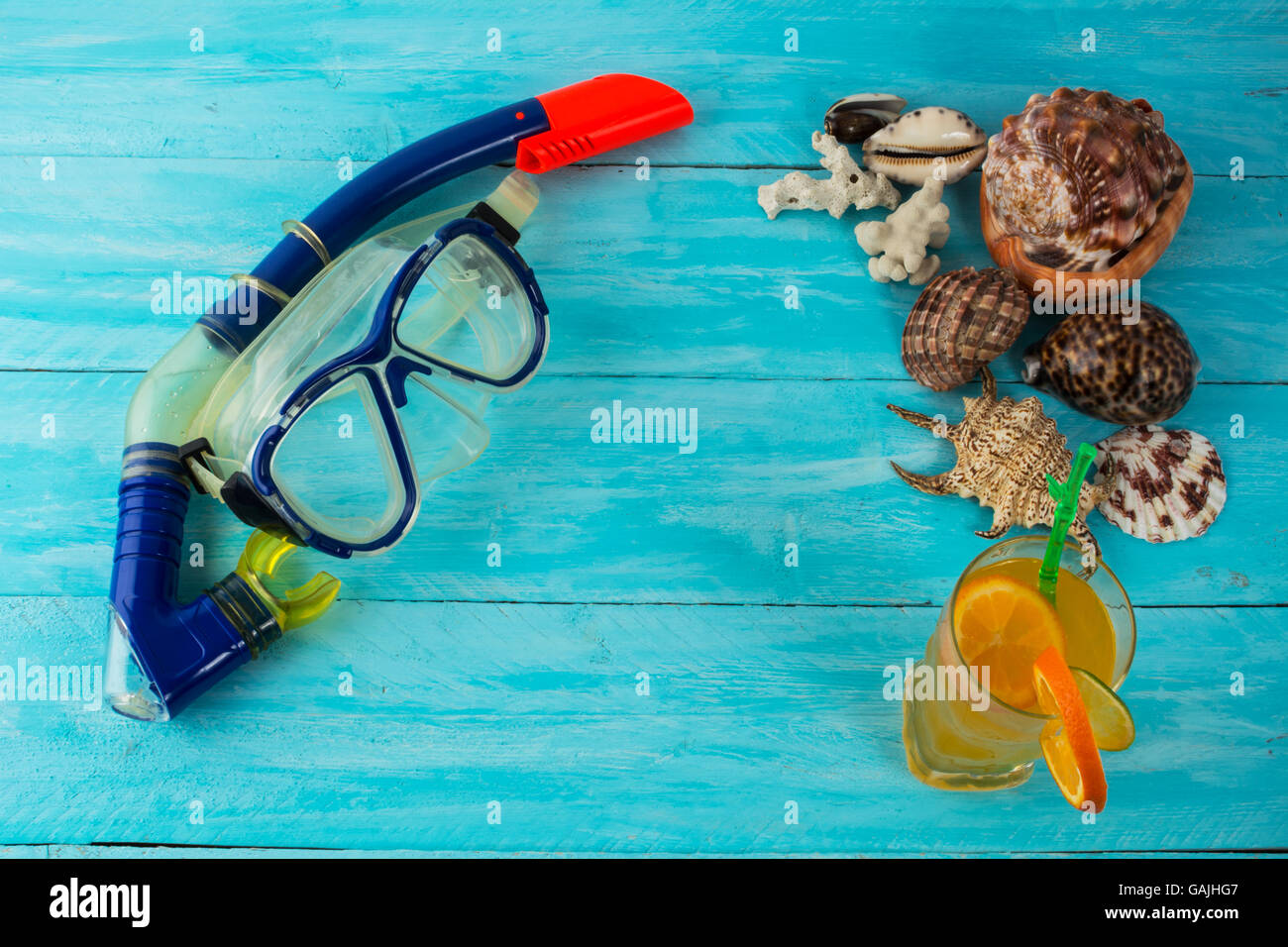 Sea holidays background. Beach party. Sea shells. Adventure. Snorkeling mask. Diving mask