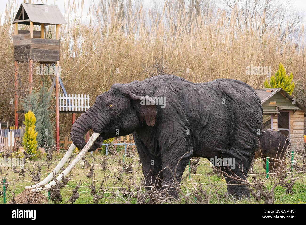 Athens, Greece 17 January 2016. Model of a prehistoric mammoth at the dinosaur park in Greece. Stock Photo
