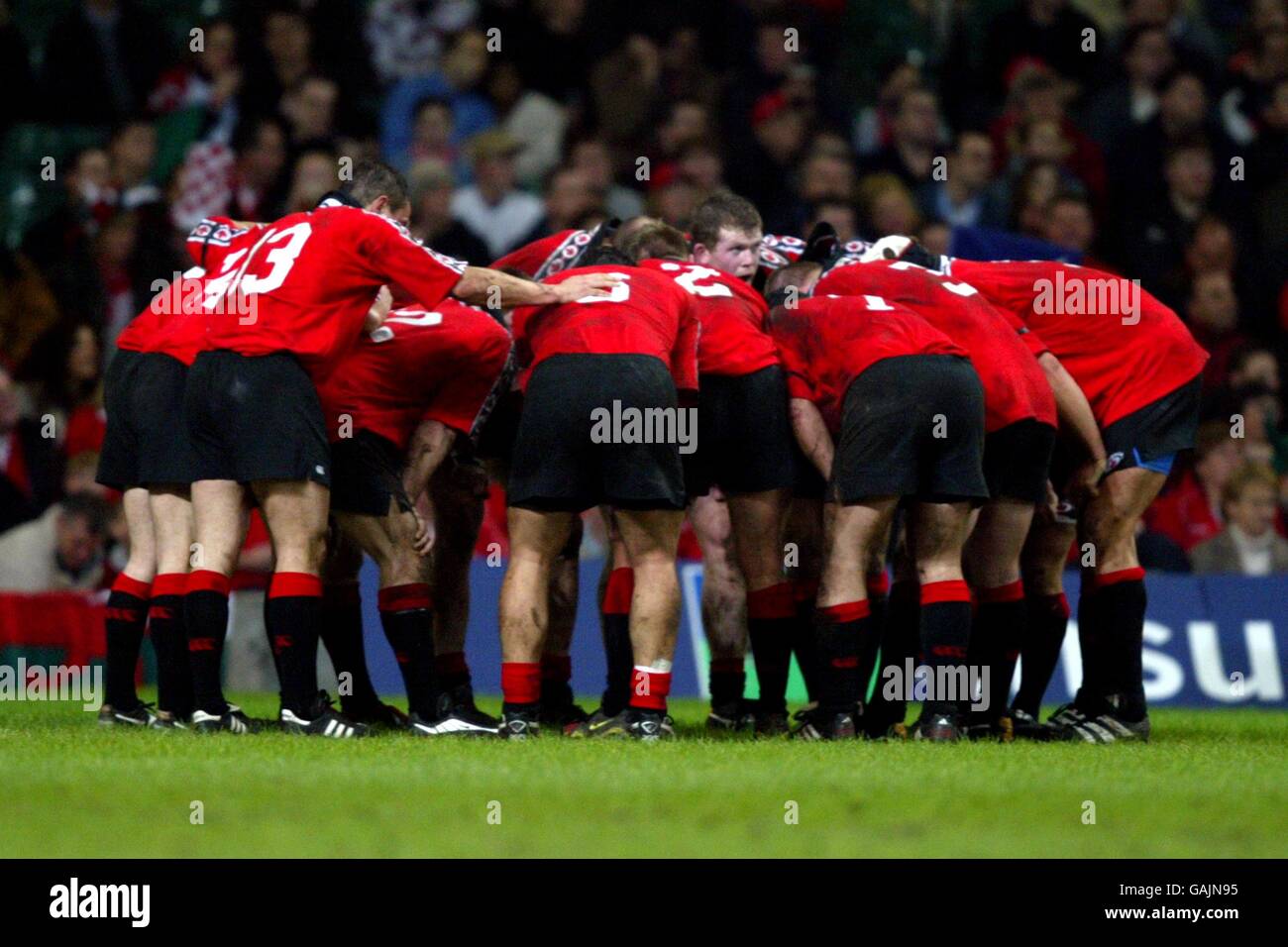 Rugby Union - International Friendly - Wales v Canada. The Canadian team huddle together for a tactical discussion Stock Photo