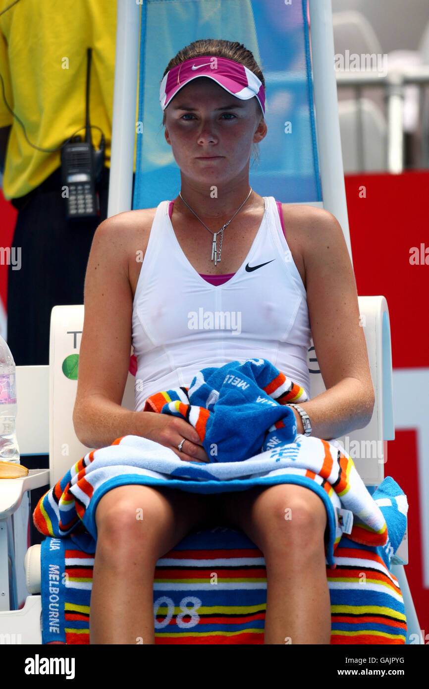 Daniela Hantuchova rests during her match against Maria Kirilenko on