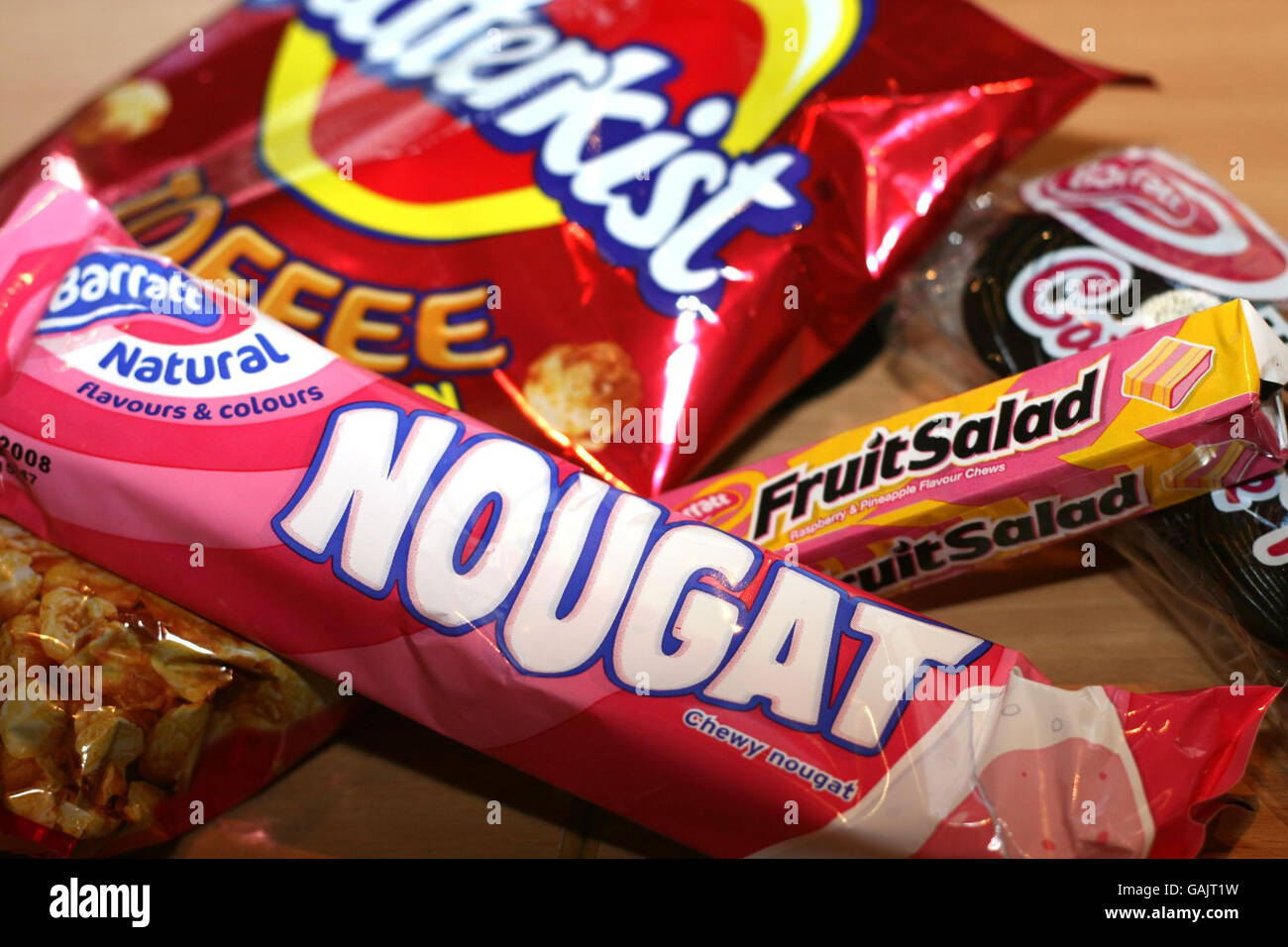 A selection of sweets made by Monkhill Confectionery. The Blackpool-based sweets firm Tangerine has bought out the makers of Butterkist popcorn and Barratt Sherbet Fountains, it was announced today. Stock Photo