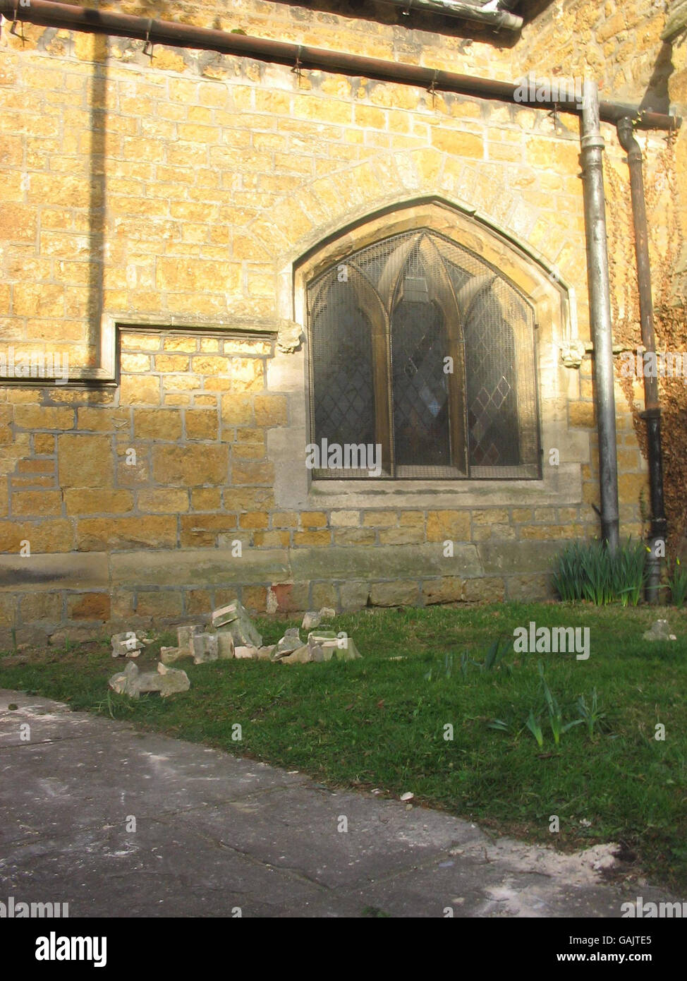 Brickwork apparently fallen from The Parish Church of St Thomas, in Market Rasen after earthquake with a magnitude of 5.2 (ML) on the Richter scale near Market Rasen, Lincolnshire at 00:56 GMT. Stock Photo