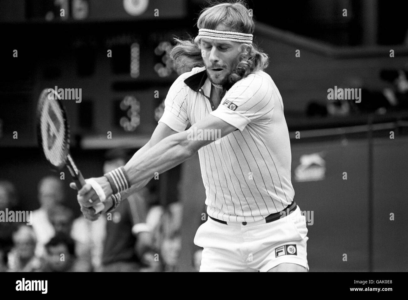 Sweden's Bjorn Borg two-handed return on the centre court as he won his fifth successive men's singles title with a thrilling five sets victory over 21-year old American John McEnroe. Stock Photo