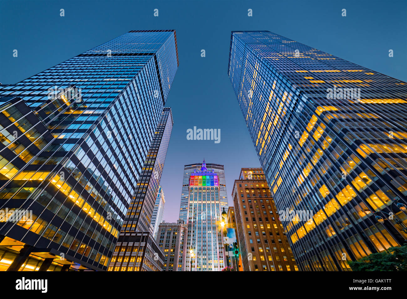 Upward view of New York skyscrapers at dusk Stock Photo