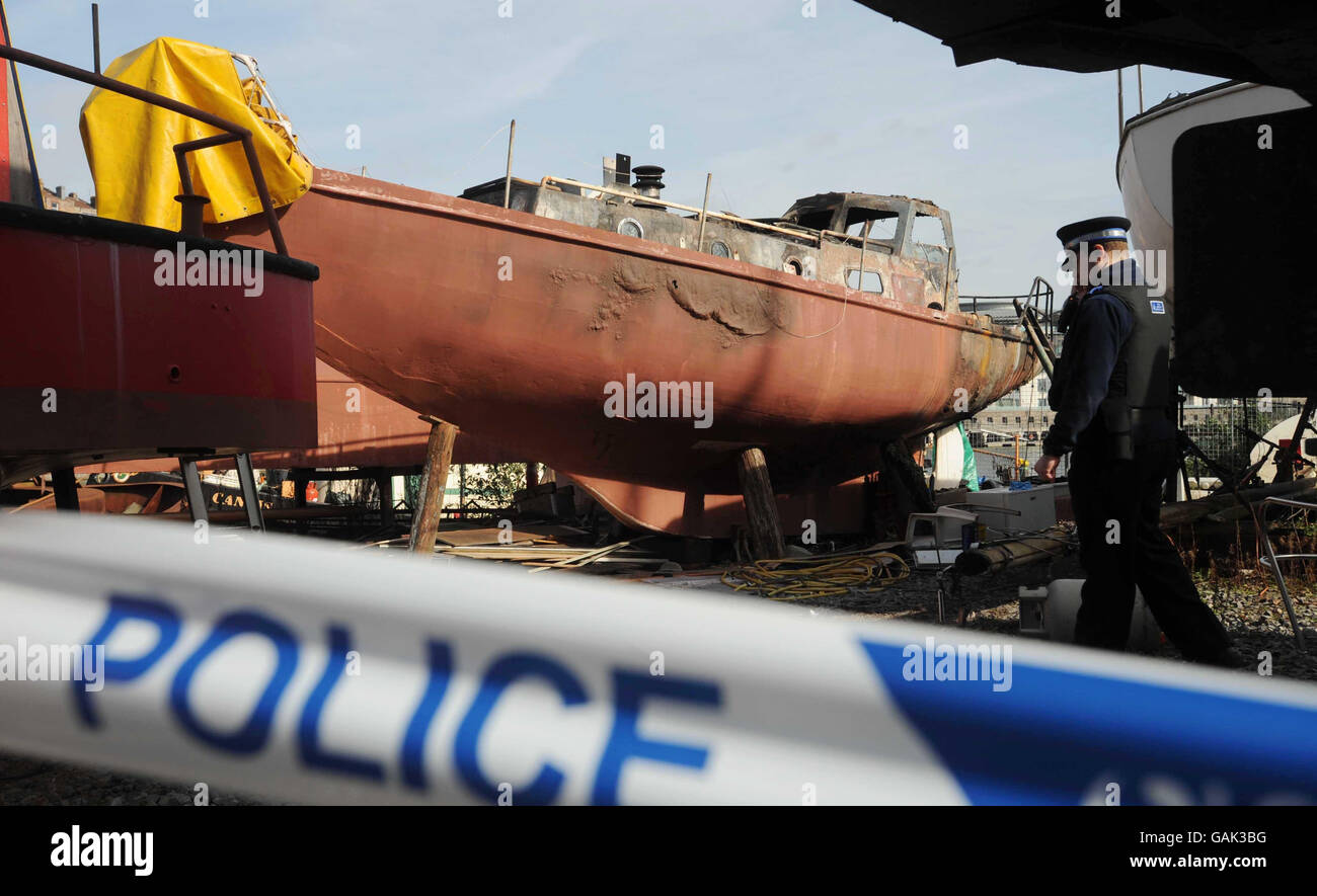 A fire damaged boat at Bristol's Albion Dockyard on which a man died