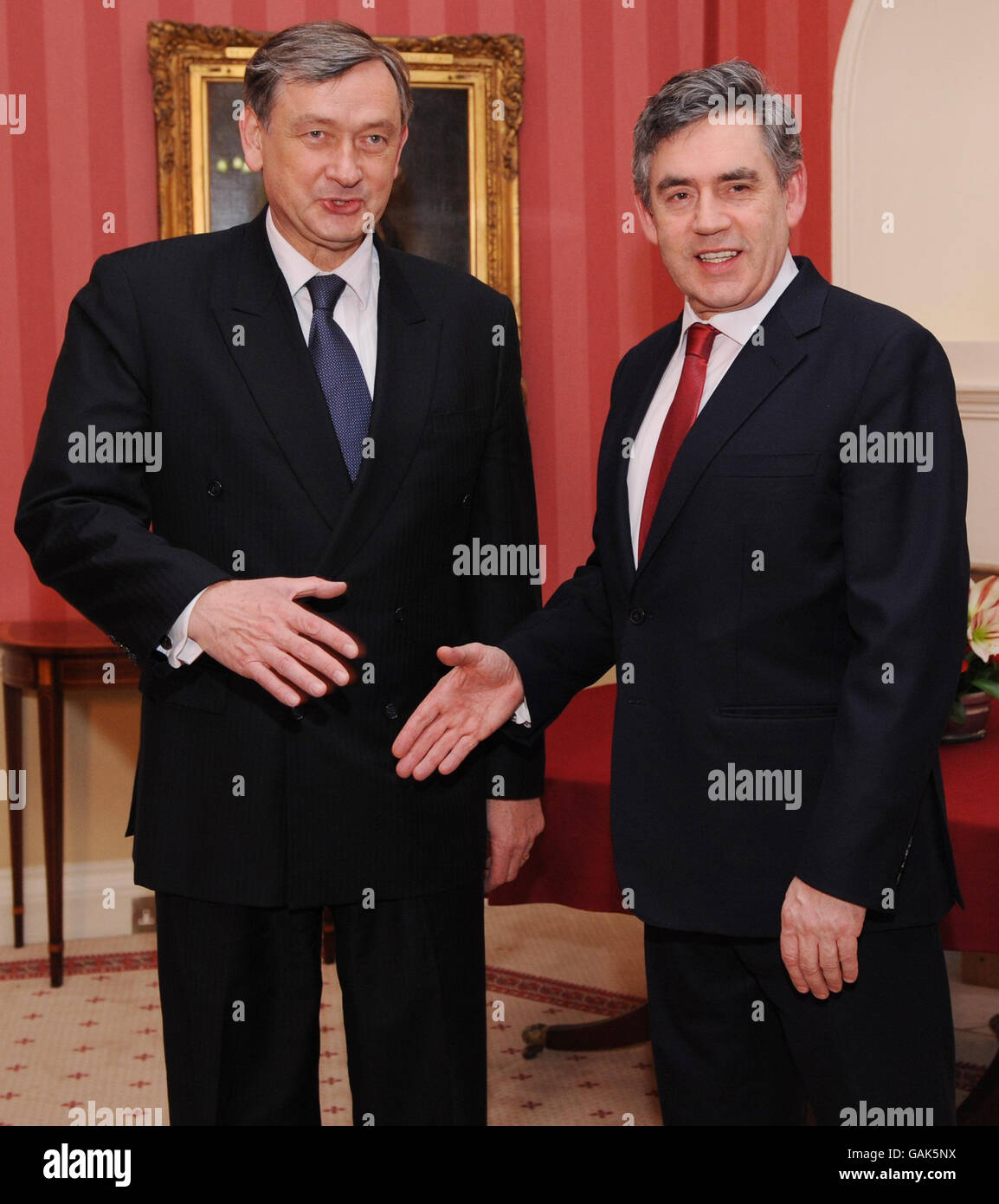 Prime Minister Gordon Brown (right) welcomes Danilo Turk, President of Slovenia to Downing Street today. Stock Photo
