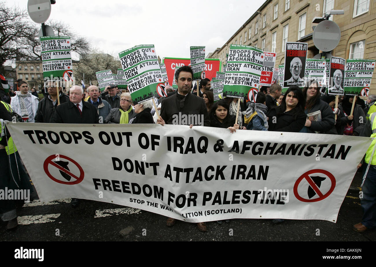 Anti-war protesters march during a anti-war protest in Glasgow, Scotland. Stock Photo
