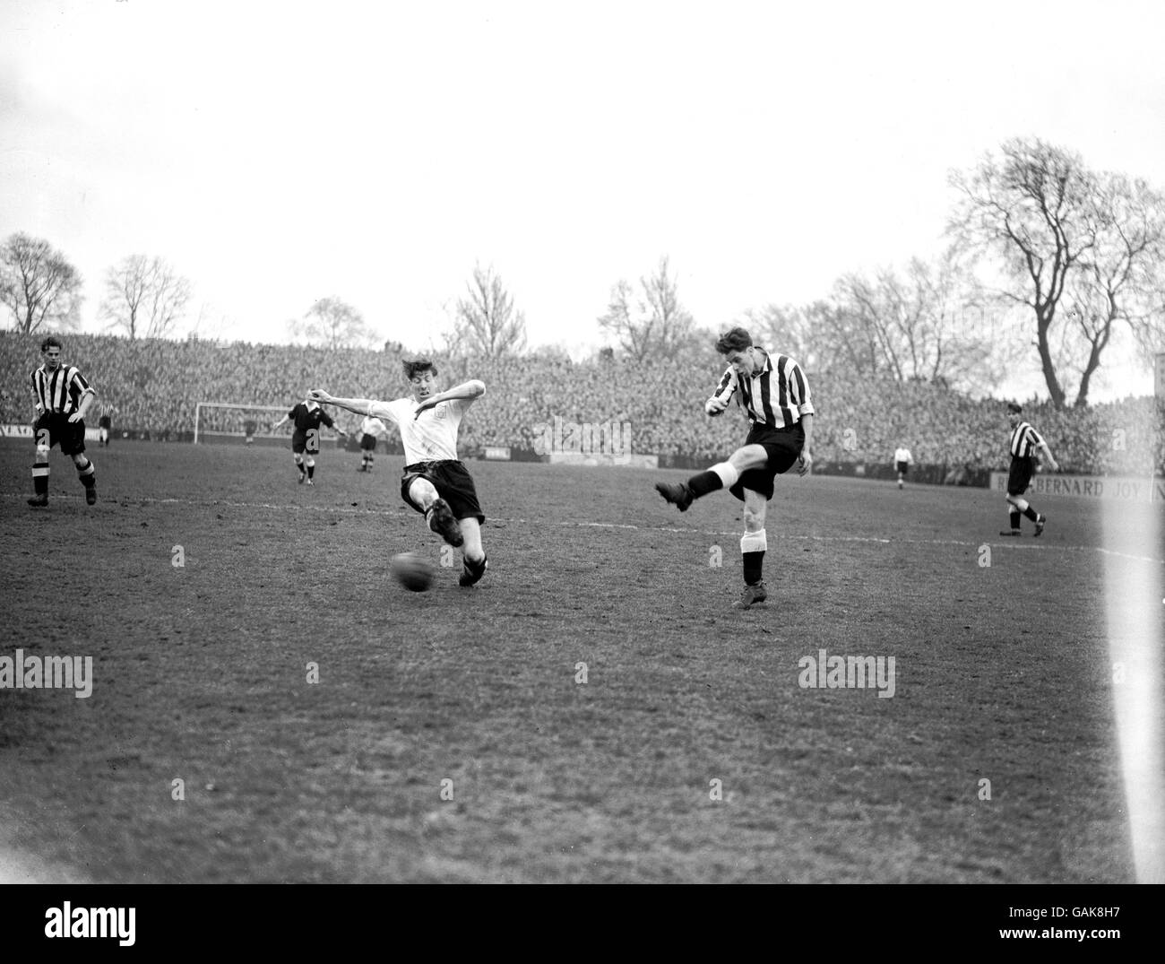 Newcastle United's Bobby Mitchell (r) crosses the ball past the outstretched leg of Fulham's Len Quested (l) Stock Photo