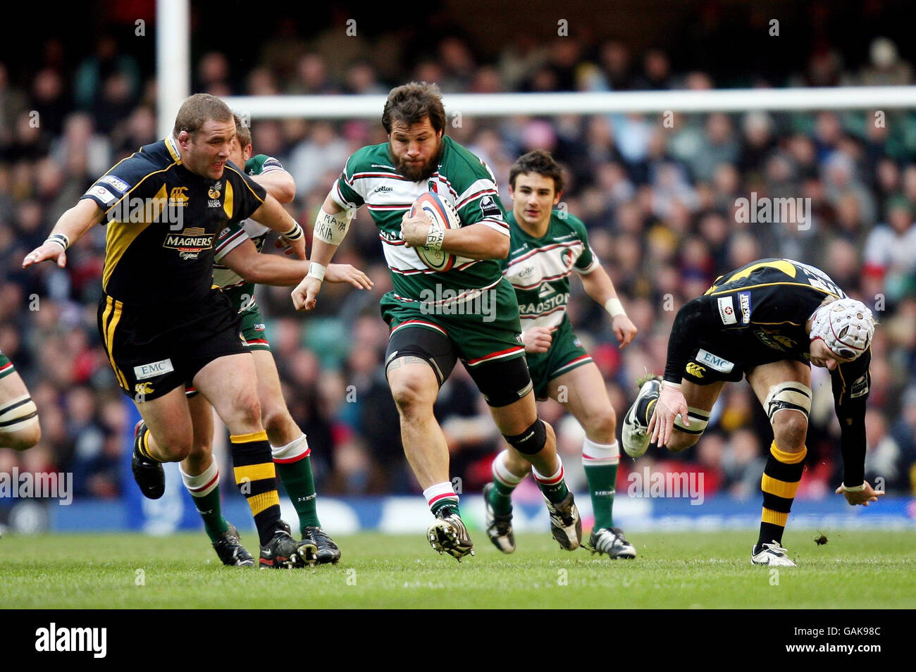 Leicester's Martin Castrogiovanni breaks through during the EDF Energy Cup Semi Final match at the Millennium Stadium, Cardiff. Stock Photo