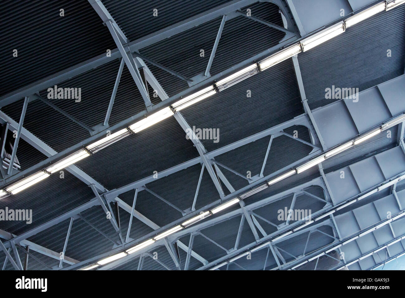 Industrial Factory Ceiling With Roof Beam And Lights Stock Photo