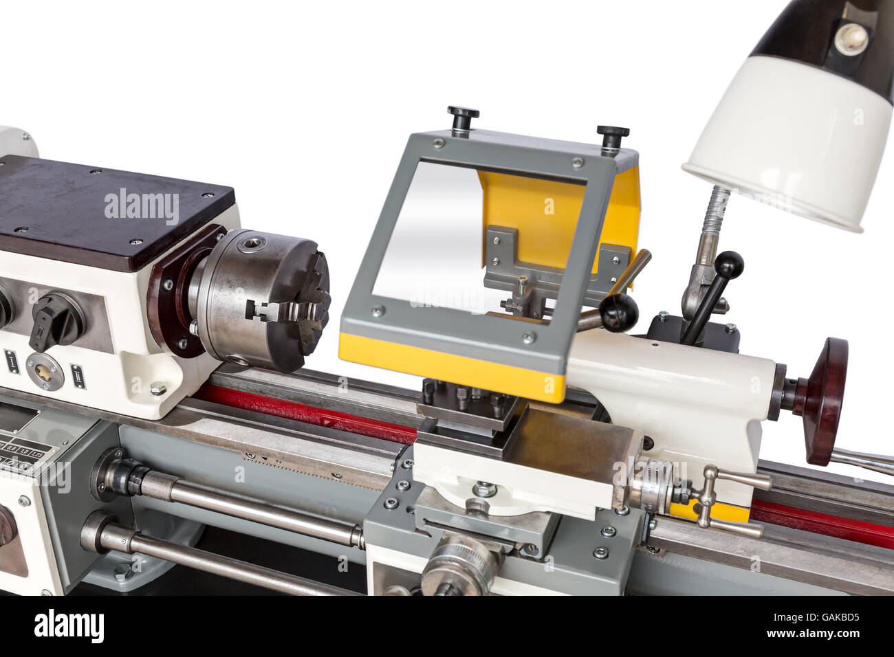 Metal lathe machinery tool equipment in workshop Stock Photo.