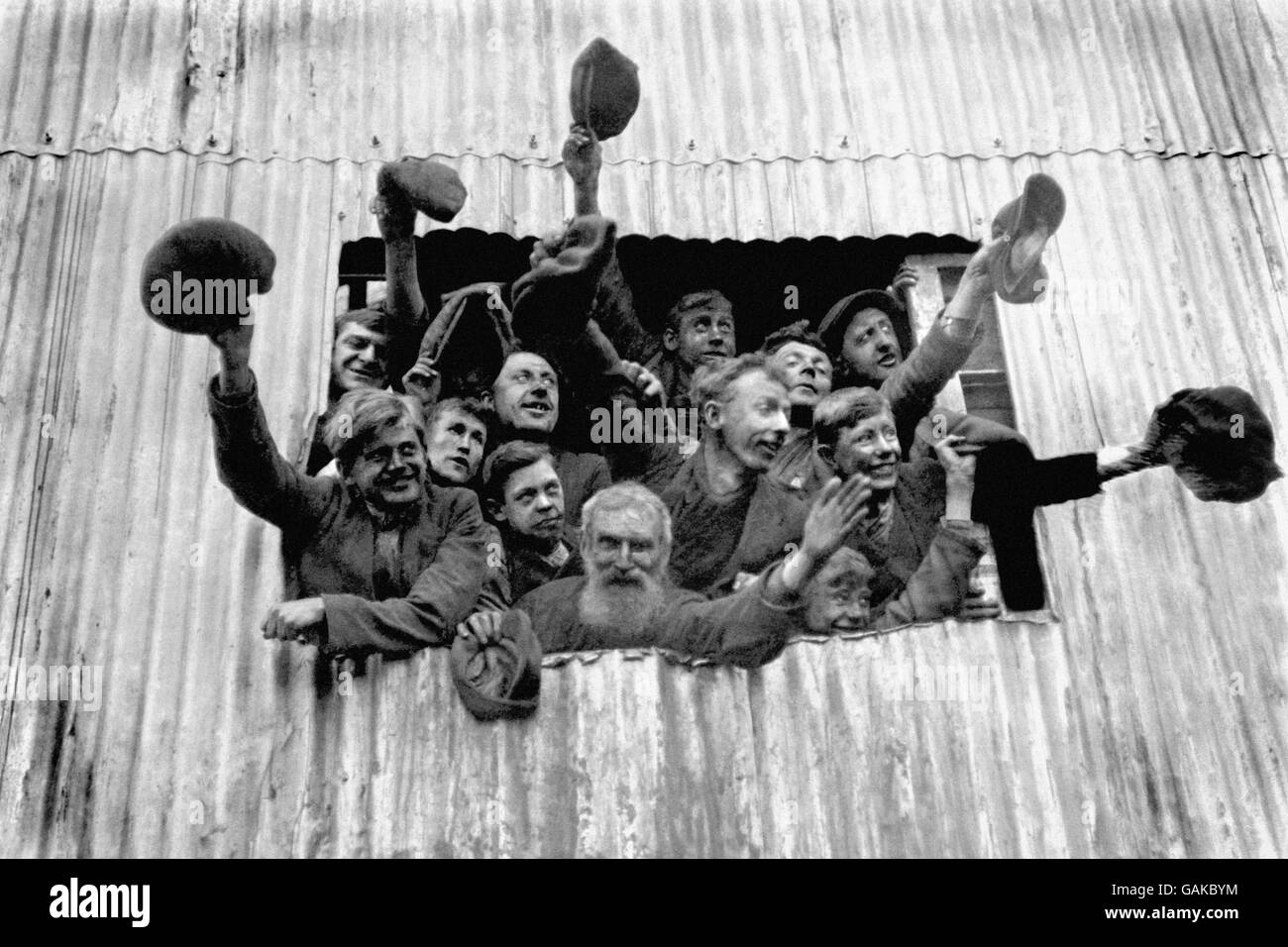 Miners cheer as Edward, Prince of Wales, visits Insoles Ltd colliery at Cymmer. Stock Photo