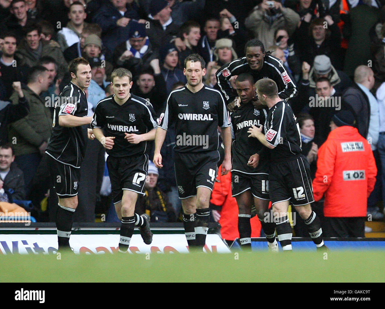Tranmere Rovers Jennison Myrie-Williams is congratulated on scoring during the League One match at Elland Road, Leeds. Stock Photo