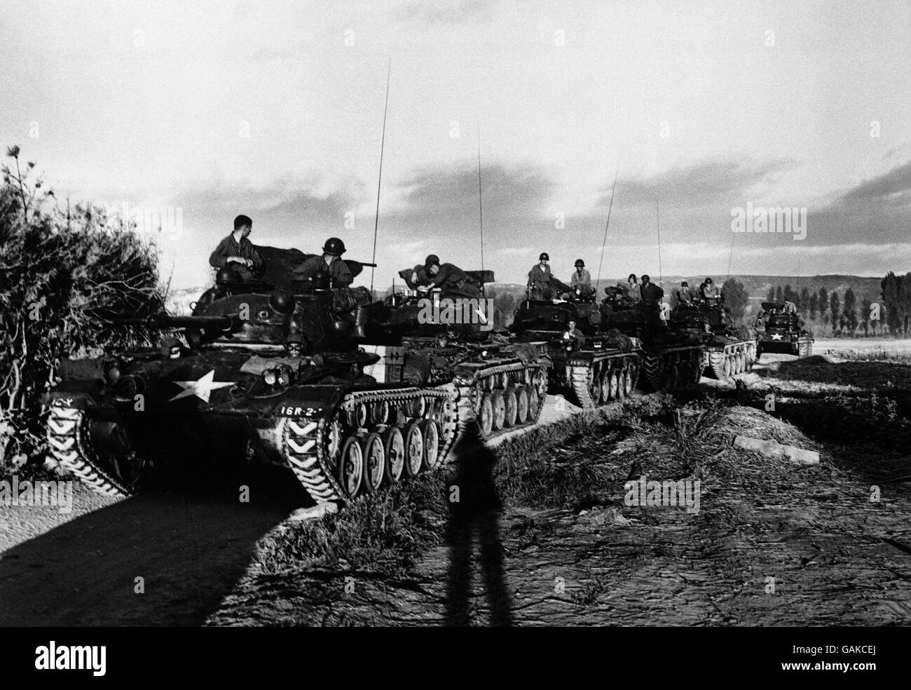 U.S. tanks move up American tanks moving up to front lines from a rear bivouac area in South korea are shown in this picture. Stock Photo