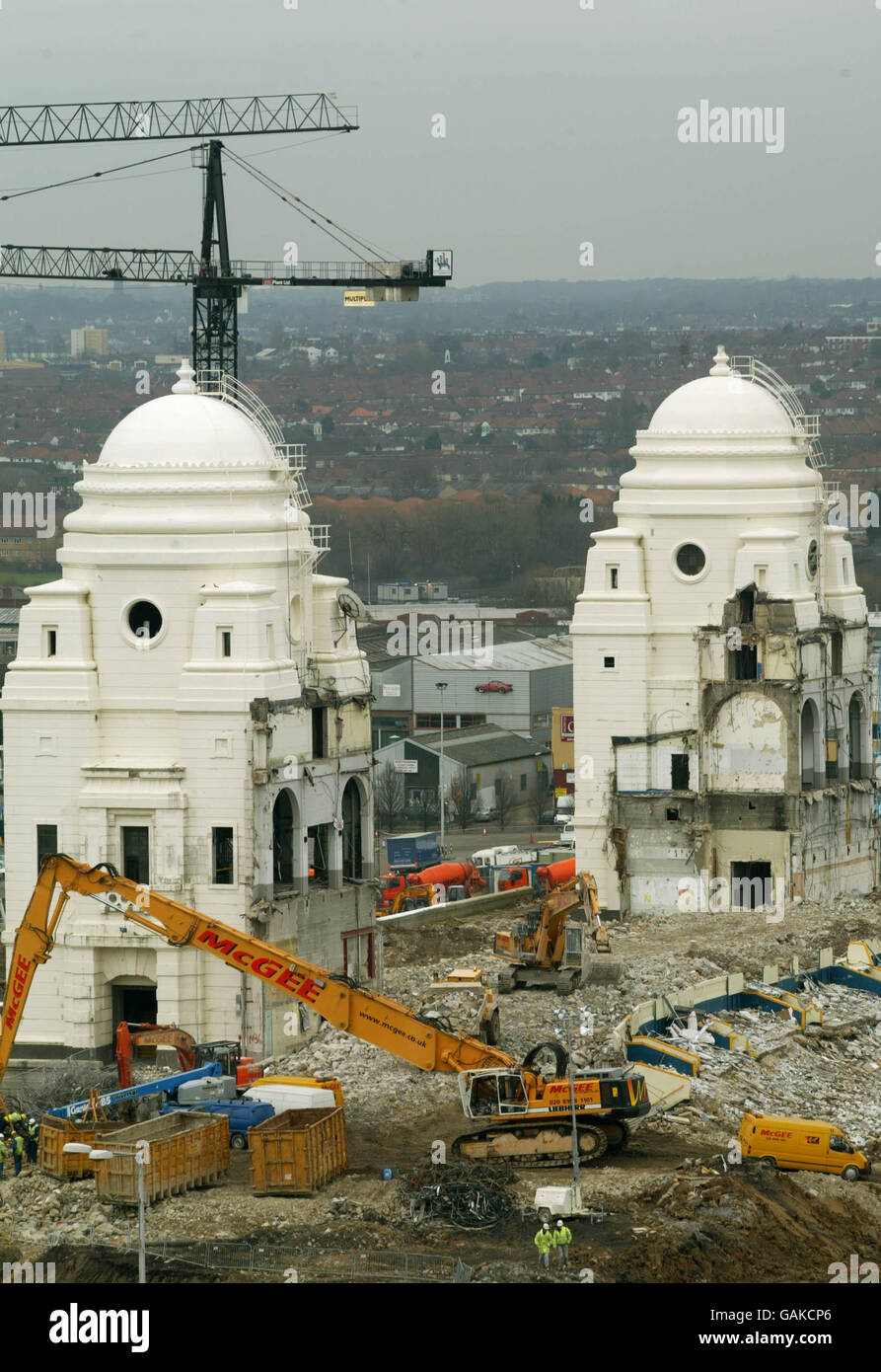 Soccer - Wembley Demolition. The famous towers of Wembley Stadium before their demolition Stock Photo