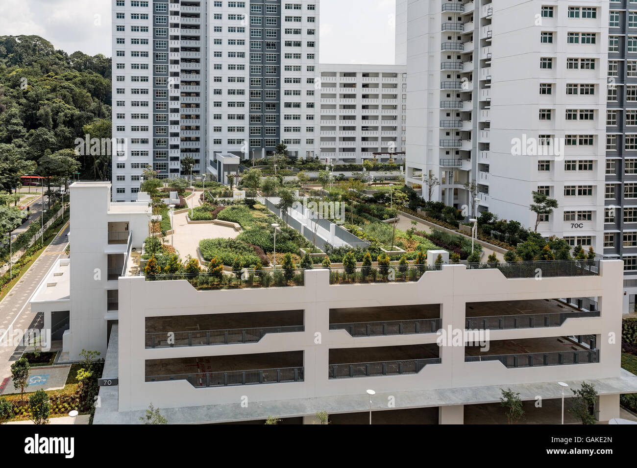 Roof top garden above car park in new Singapore public housing (Housing Development Board) apartment  blocks. Stock Photo