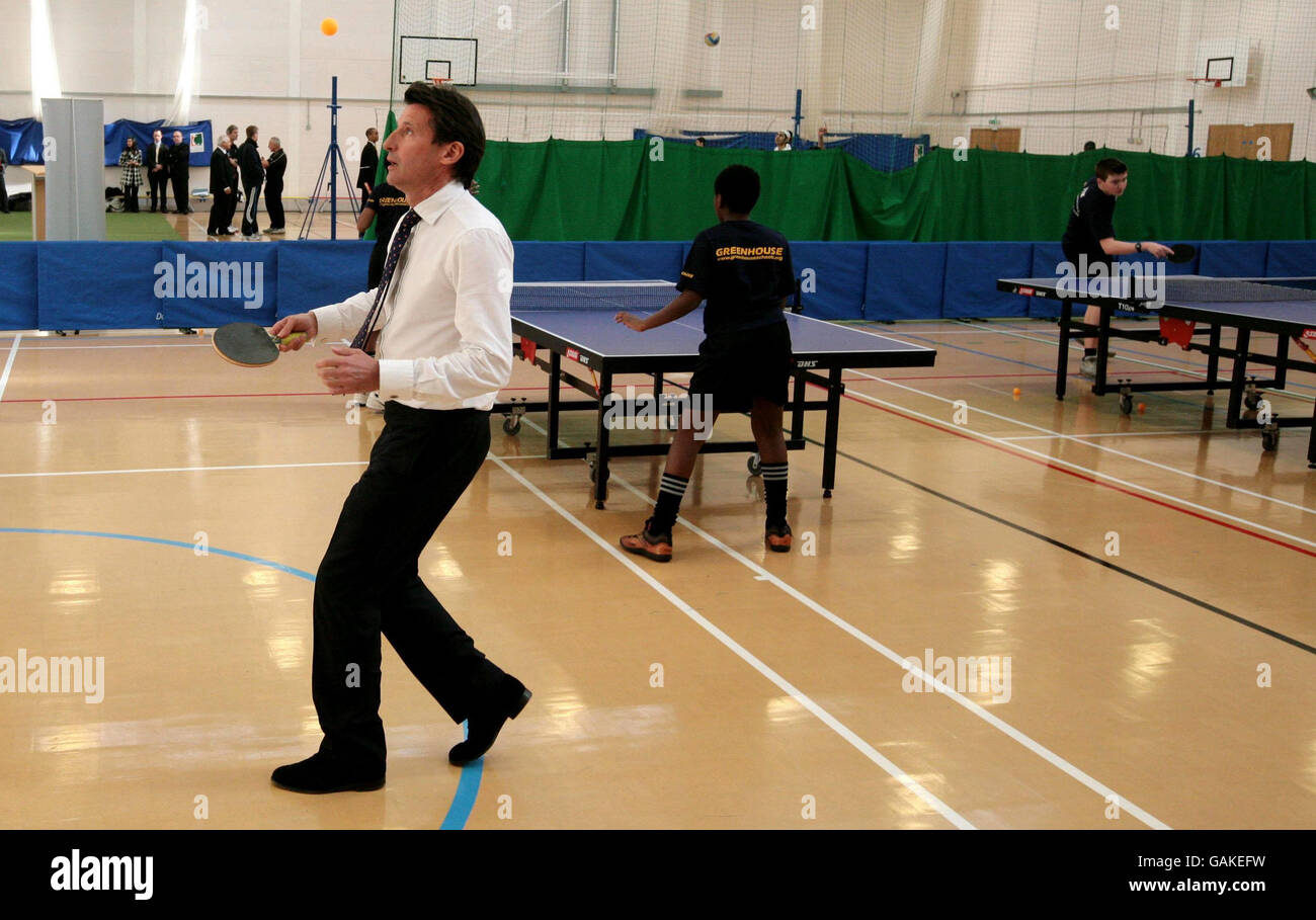 London 2012 chairman Sebastian Coe plays table tennis at the at Ernest Bevin Sports College in Tooting, London, where the London 2012 organisers announced sporting facilities across the UK that are to appear in their Pre-Games Training Camp Guide. Stock Photo