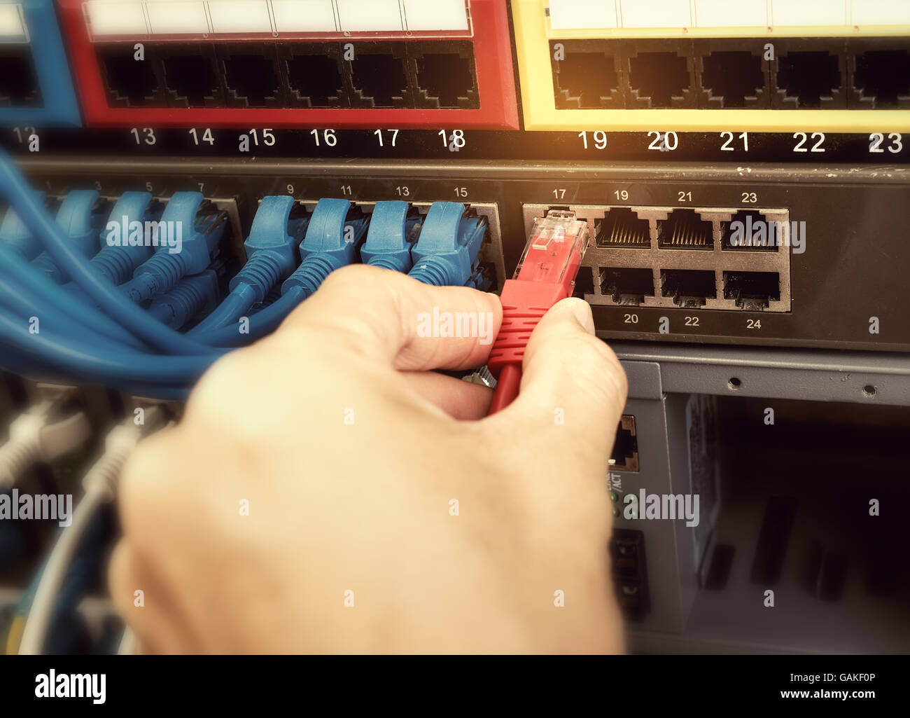 engineer connecting network cable to switch Stock Photo - Alamy