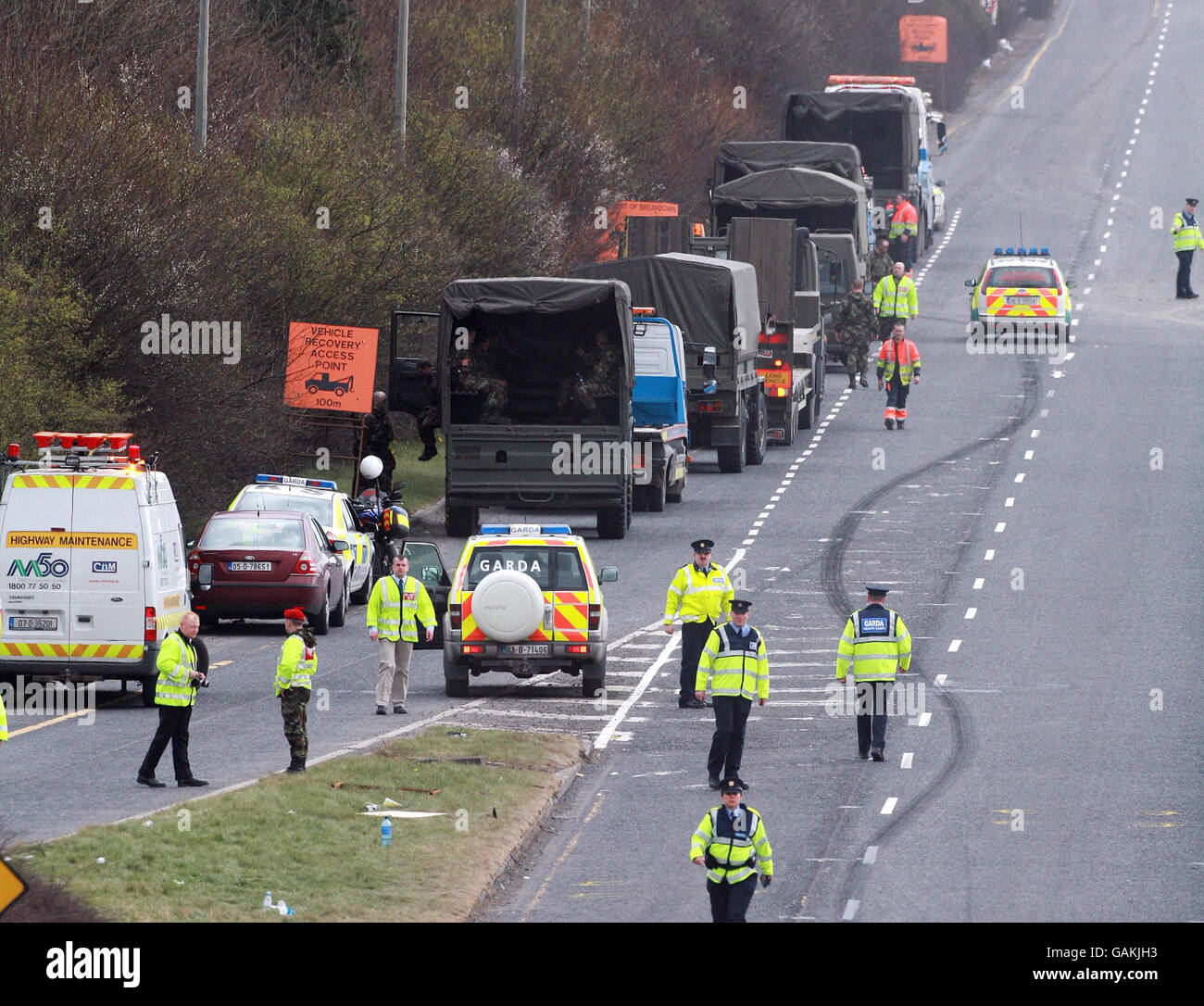 Two military trucks collided with a car on the northbound carriageway of a busy motorway on the outskirts of Dublin at around 10.50am. Stock Photo