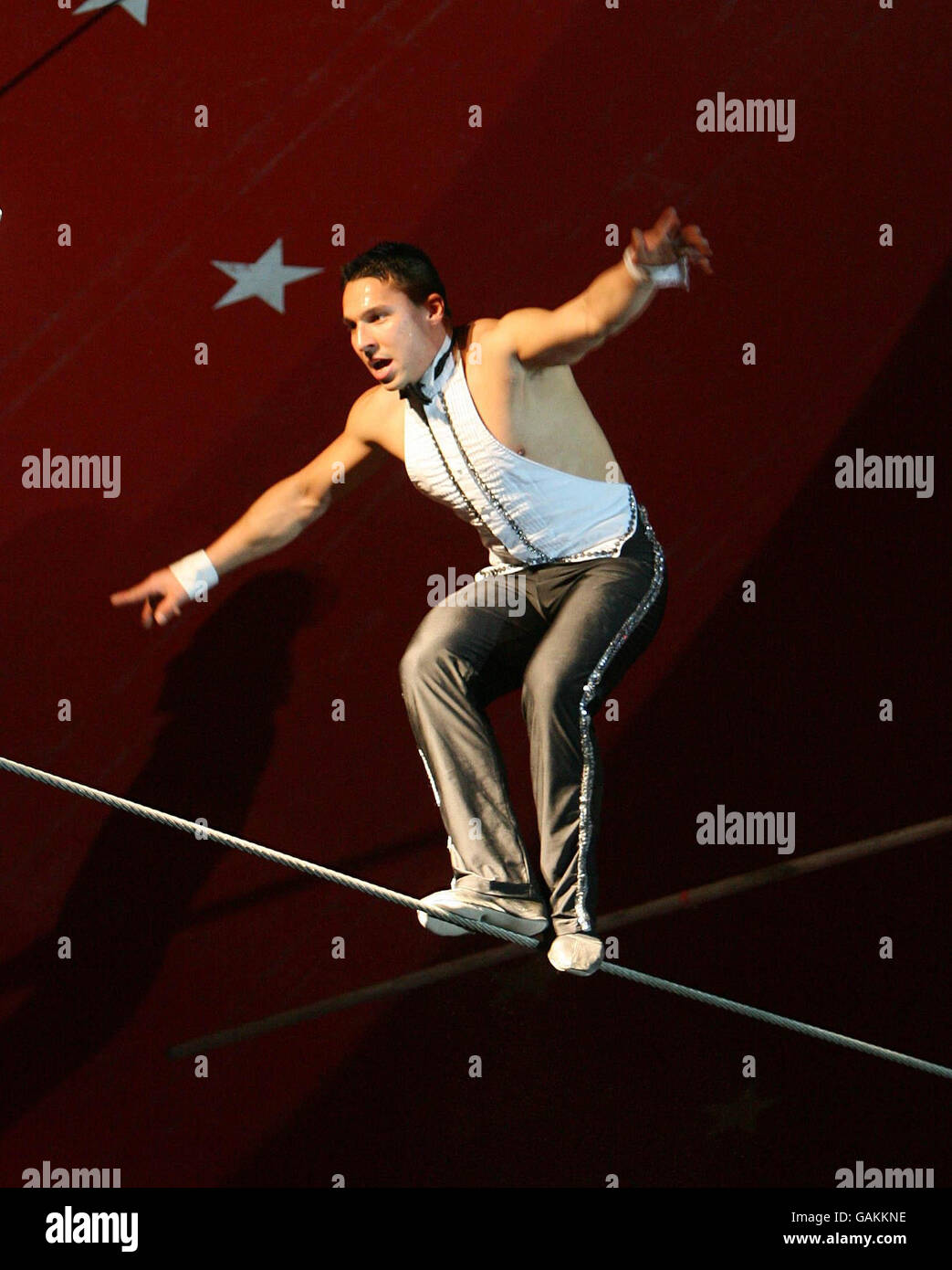 Dare-devil Chico Marino walks the high wire with no safety net at Tom Duffy's Irish Circus at Booterstown in Dublin. Stock Photo