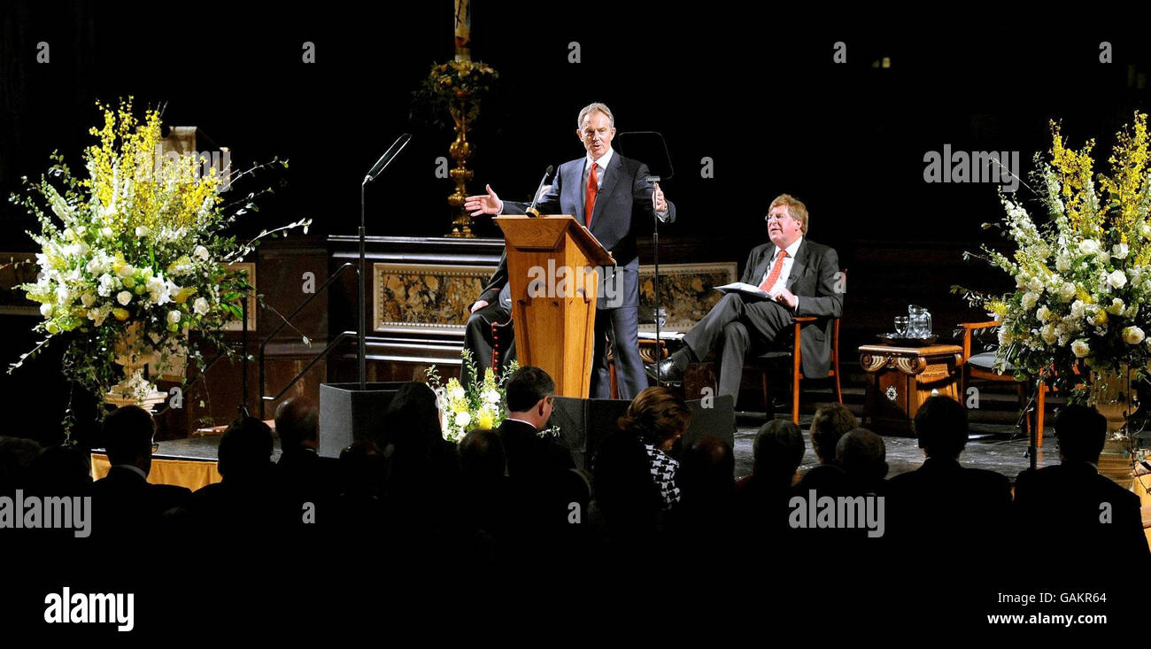 Former British Prime Minister Tony Blair during his address on Faith and Life in Britain with Edward Stourton, presenter on BBC Radio 4, in Westminster Cathedral, central London this evening. Stock Photo