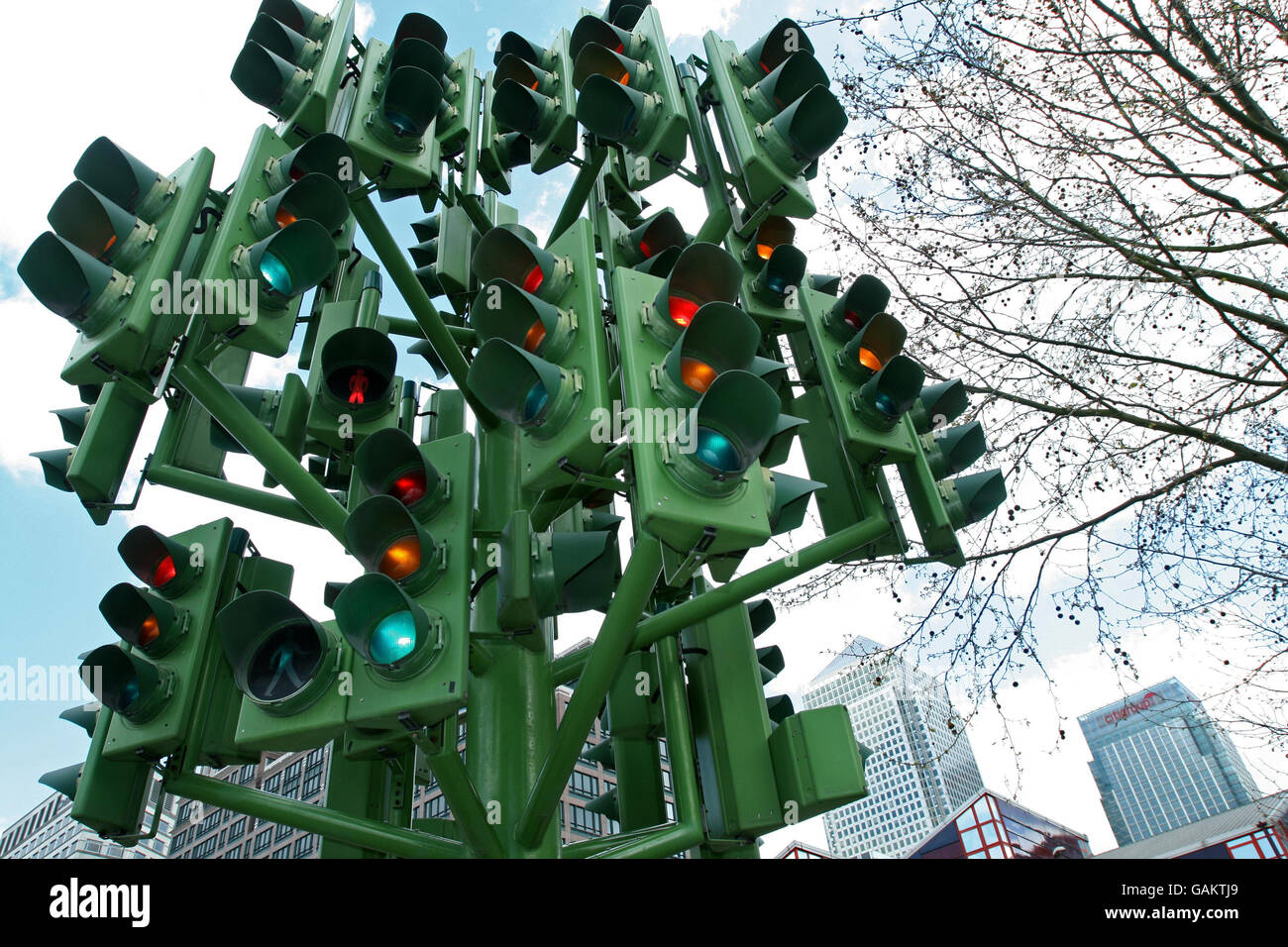 A general view of the Traffic Light tree, near Heron Quays, London