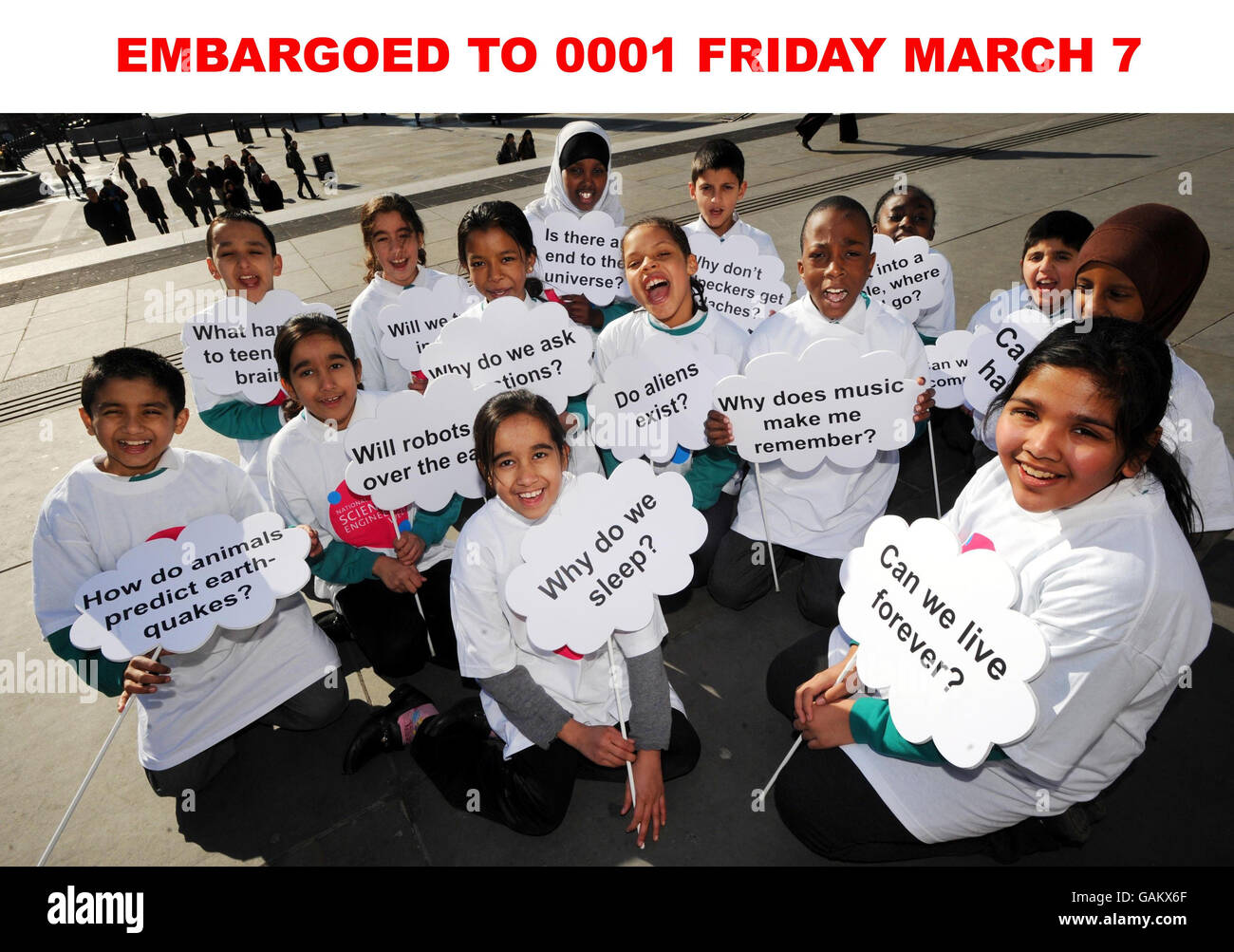Previous unissued photo dated 05/03/2008 of school children from Joseph Lancaster Primary School, Elephant and Castle, South London gather in Trafalgar Square, London to launch the Big Question. The Big Question marks the start of National Science and Engineering Week on Friday. Stock Photo