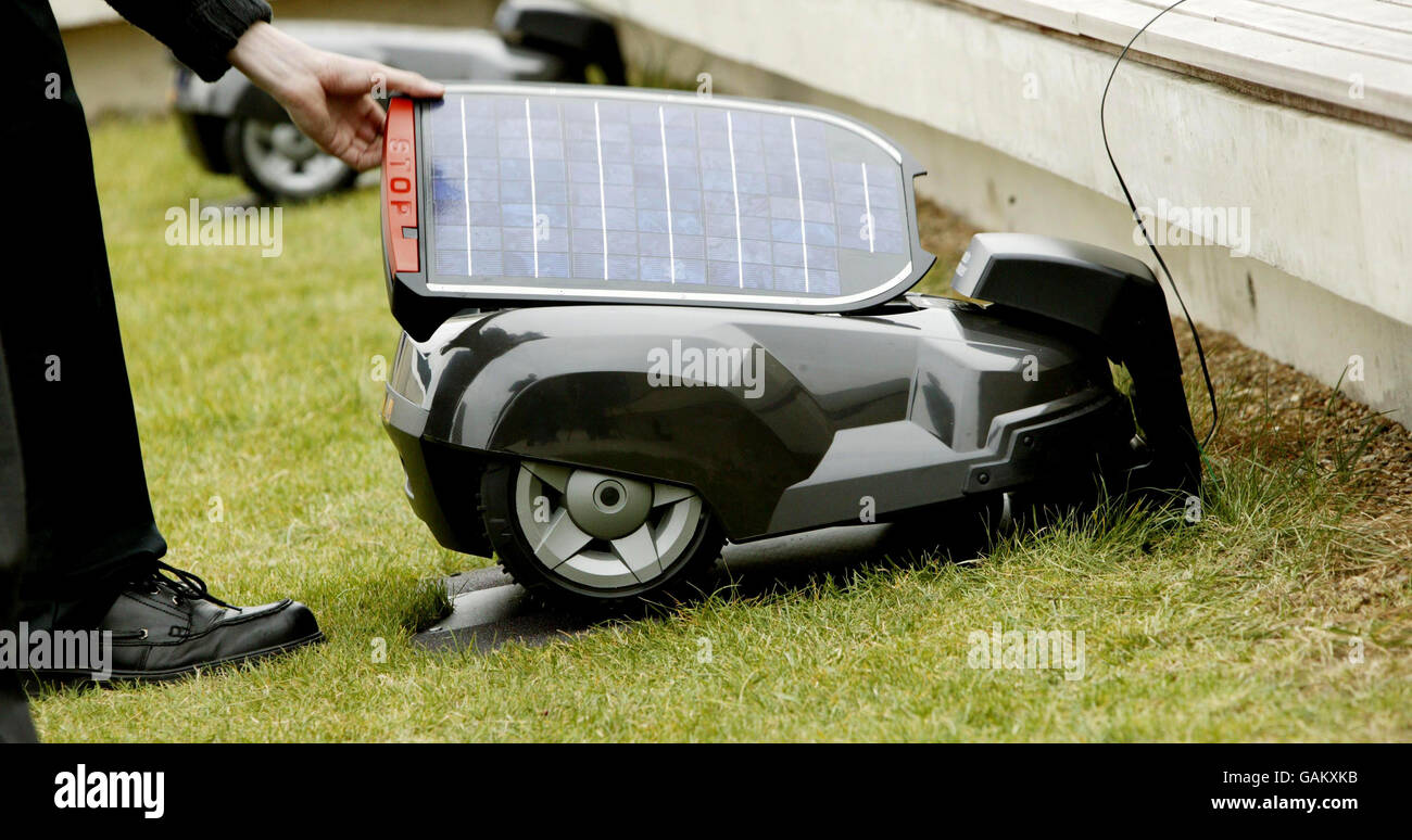A close-up of the Husqvarna solar powered electric lawnmower. The lawnmower is powered entirely by the sun. Stock Photo