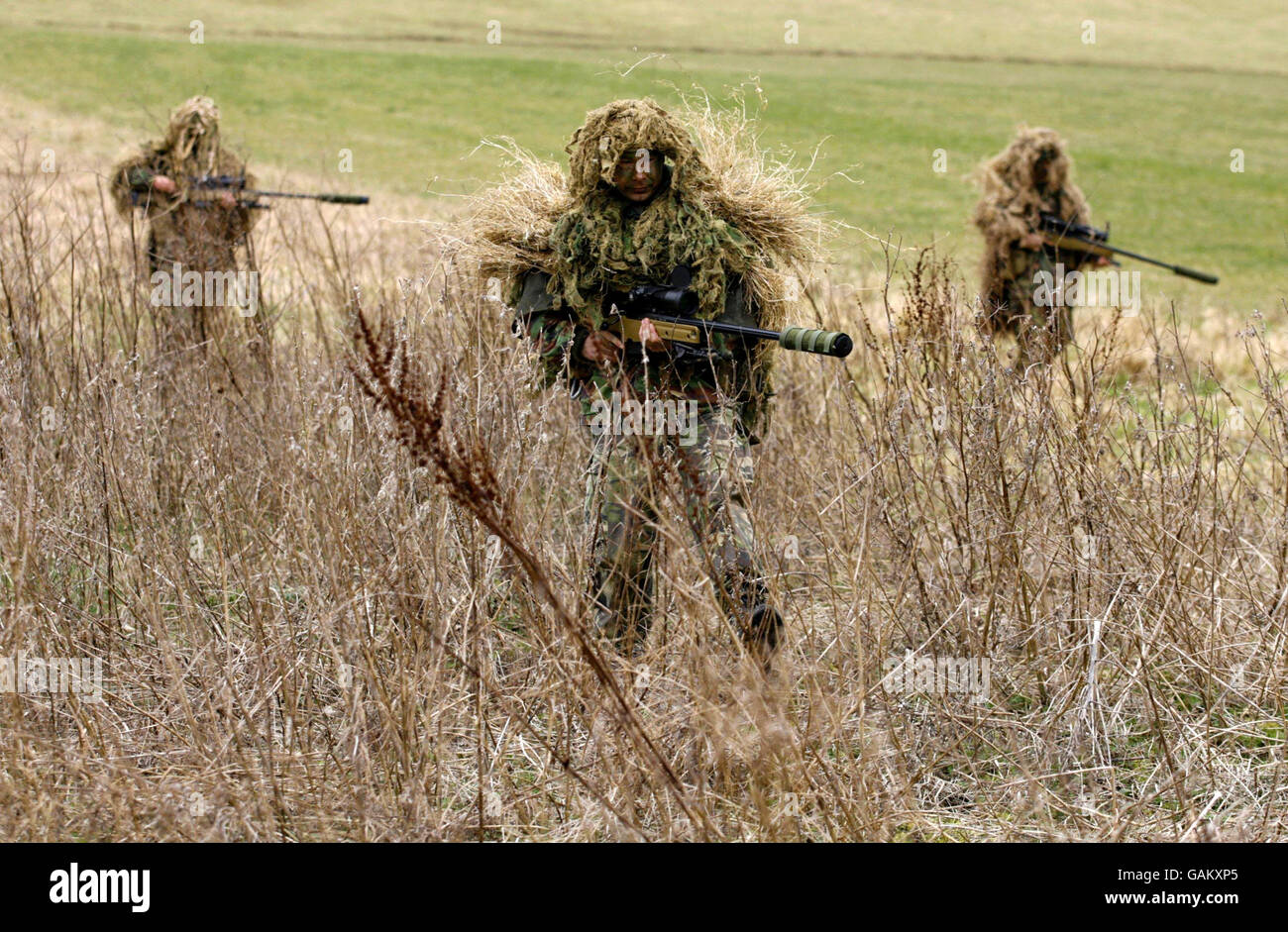 Snipers from 16 Air Assault Brigade with the latest weapon in their armoury, the Long Range Rifle L115A3, at a range at the Land Warfare Centre at Warminster, Wiltshire. Stock Photo