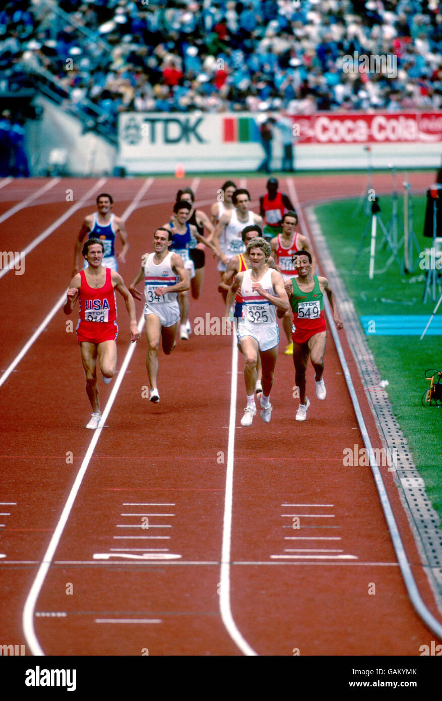 Great Britain's Steve Cram (second r) holds off Morocco's Said Aouita (r), USA's Steve Scott (l) and teammate Steve Ovett (second l) to win gold Stock Photo