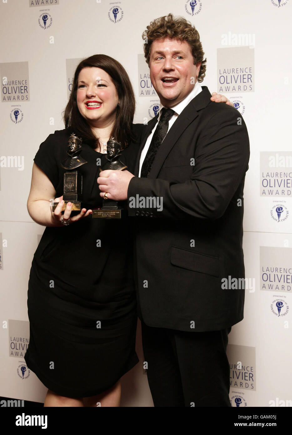 Leanne Jones and Michael Ball with their Best Actor and Actress awards in a Musical, during the Laurence Olivier Awards at Grosvenor House in central London. Stock Photo
