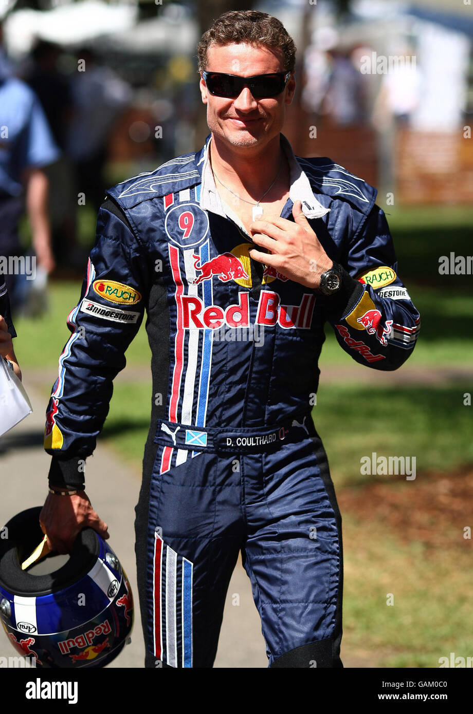 Red Bull Racing driver David Coulthard arrives in the F1 paddock at Albert Park, Melbourne prior to the Australian Grand Prix. Stock Photo