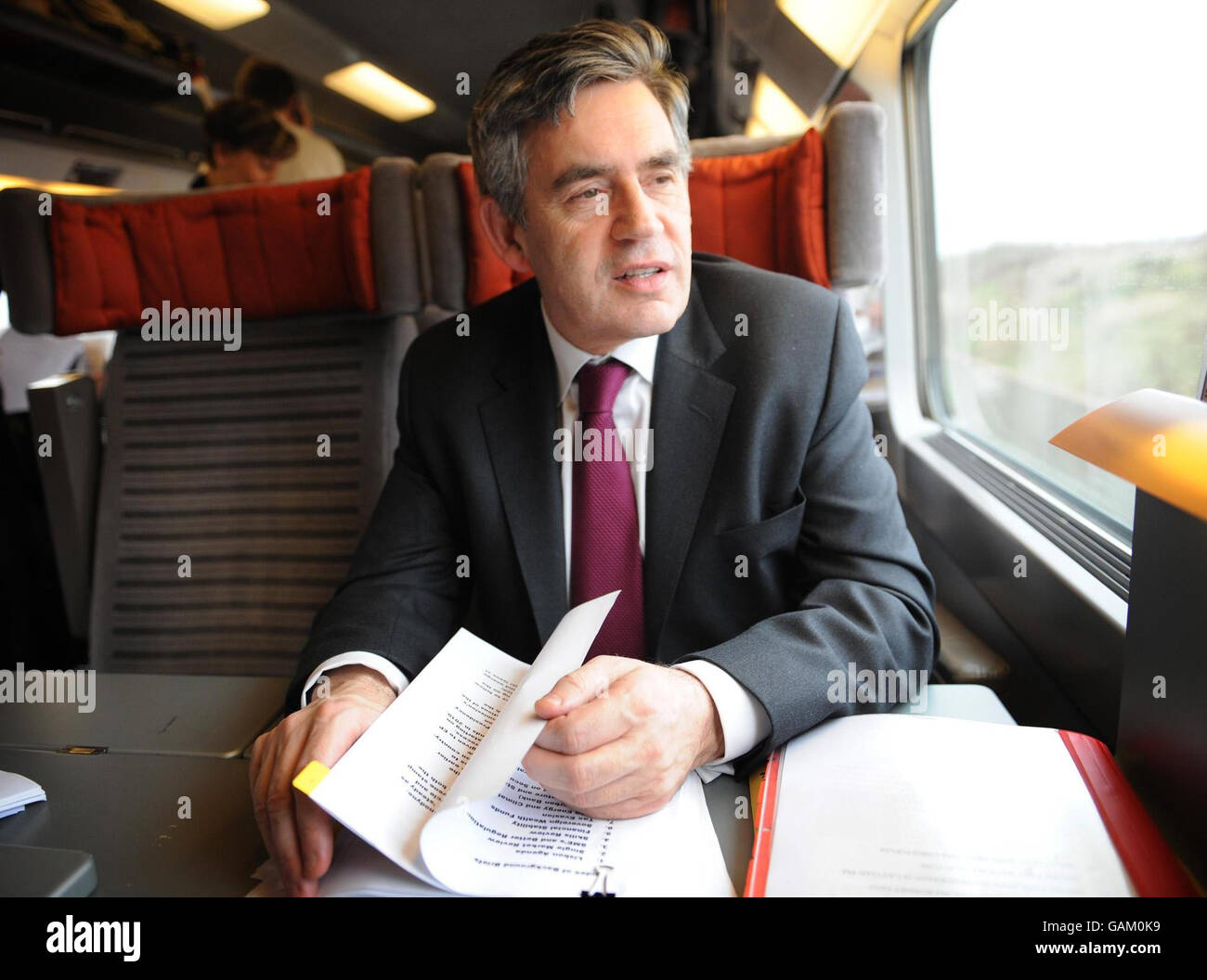 Prime Minister Gordon Brown travels to Brussels aboard a Eurostar train for a two day EU Summit in the Belgium capital. Stock Photo