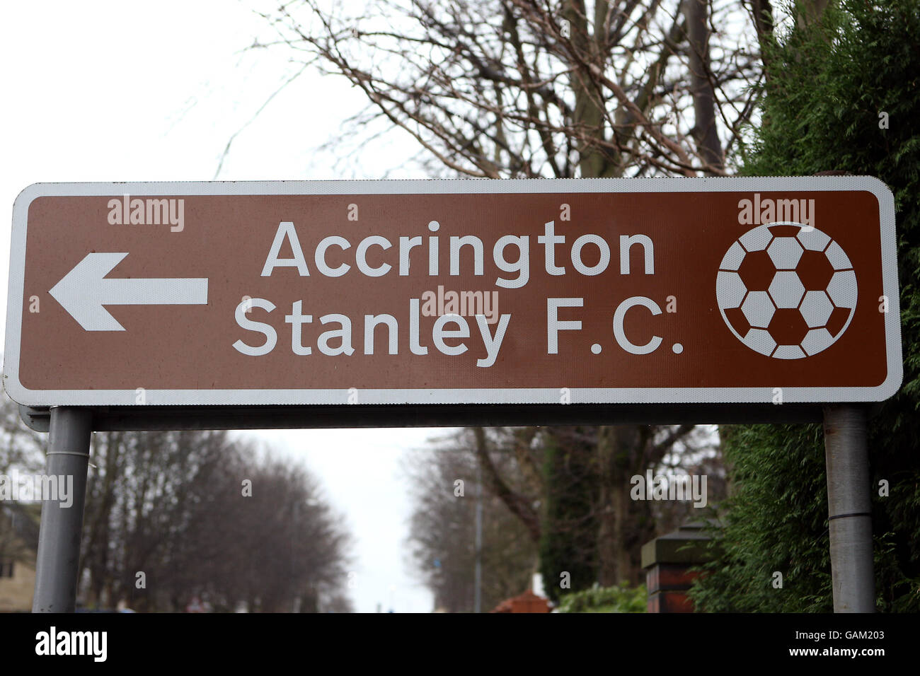 Soccer - Coca-Cola Football League Two - Accrington Stanley v Hereford United - The Fraser Eagle Stadium. A road sign for Accrington Stanley football club Stock Photo