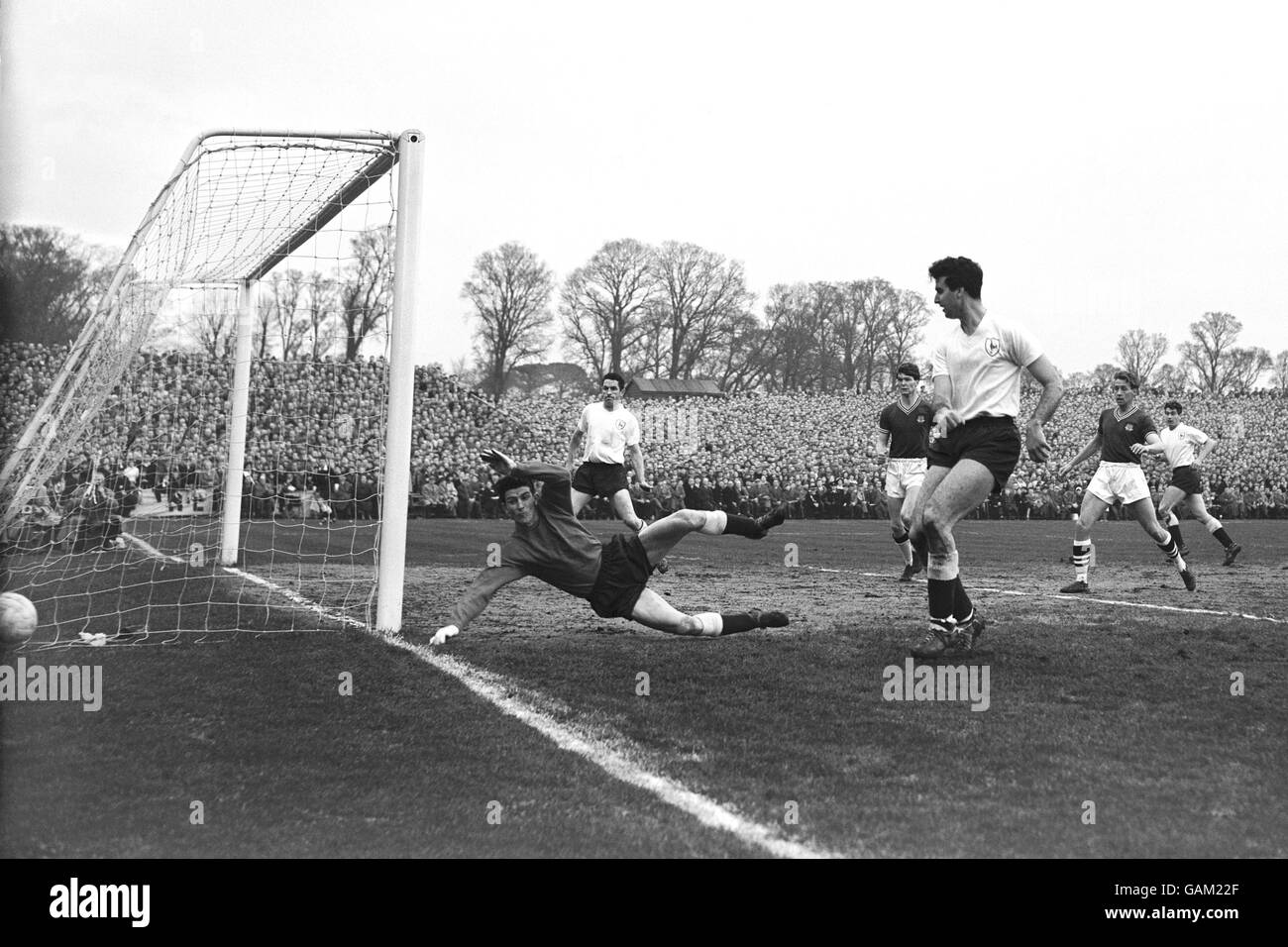 Tottenham Hotspur goalkeeper Bill Brown (l) pushes a shot from Plymouth Argyle's Ken Maloy (second r) around the post, watched by teammates Dave Mackay (second l), Maurice Norman (third r) and Ron Henry (r) Stock Photo